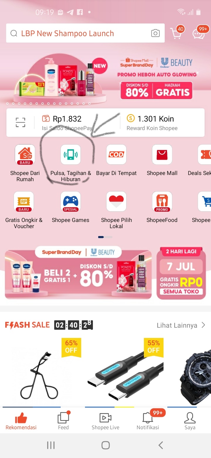 Halaman utama aplikasi Shopee Halaman utama aplikasi Shopee